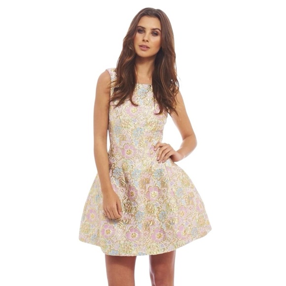 AX PARIS Metallic Skater Floral Sleeveless Mini Dress Size 8 6 4 Summer Wedding - Picture 1 of 8